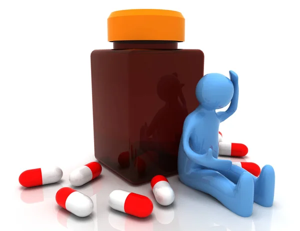 3D uomo depresso prendendo pillole. Illustrazione resa 3d — Foto Stock