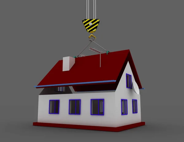 3D будинок і кран. Будівництво будинку. 3d ілюстрація — стокове фото