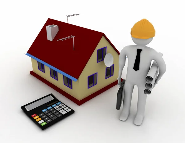 3d engineer with house and calculator. 3d rendered illustration — Stock Photo, Image
