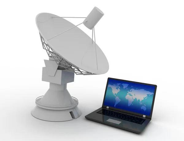Concetto di comunicazione globale. parabola satellitare e laptop. Rend 3d — Foto Stock