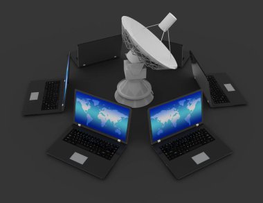 Küresel iletişim kavramı. Uydu anteni ve bir dizüstü bilgisayar. 3D parçalamak