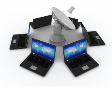 Küresel iletişim kavramı. Uydu anteni ve bir dizüstü bilgisayar. 3D parçalamak