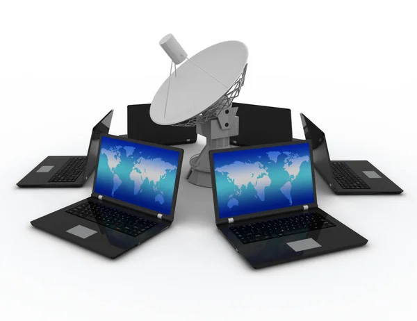 Concetto di comunicazione globale. parabola satellitare e laptop. Rend 3d — Foto Stock