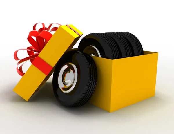 带轮胎和轮子的礼品盒。3d 渲染插图 — 图库照片