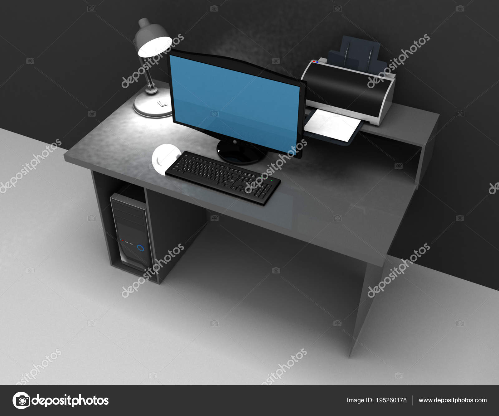 Home Office Desk Whit Lamp Computer And Printer 3d