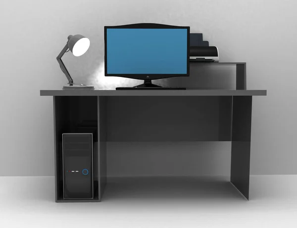 Scrivania home office con lampada, computer e stampante. 3d renderizzato — Foto Stock