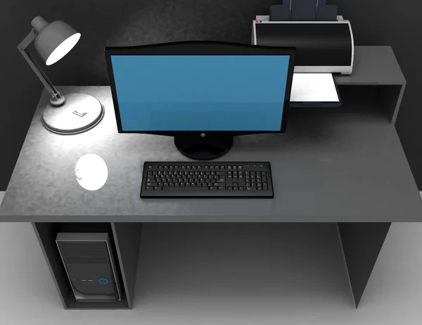 Hogar escritorio de oficina whit lámpara, computadora e impresora. 3d renderizado i —  Fotos de Stock