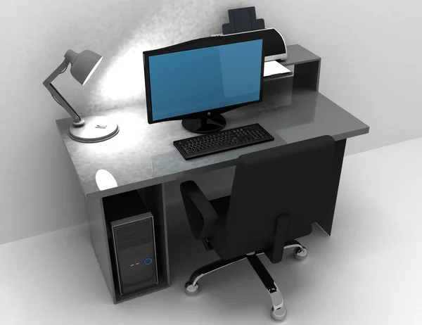 Scrivania home office con lampada, computer e stampante. 3d reso i — Foto Stock