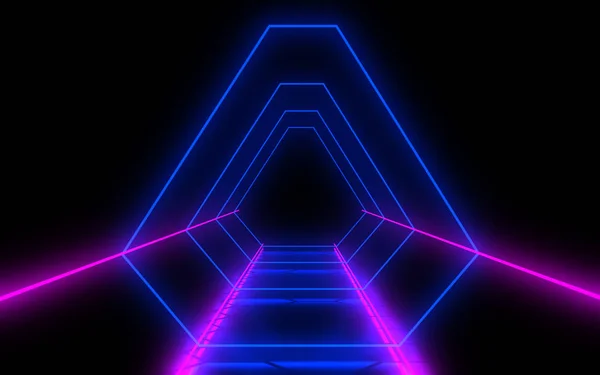 Abstrakt arkitektur tunnel med neonljus. 3D-illustrationa — Stockfoto