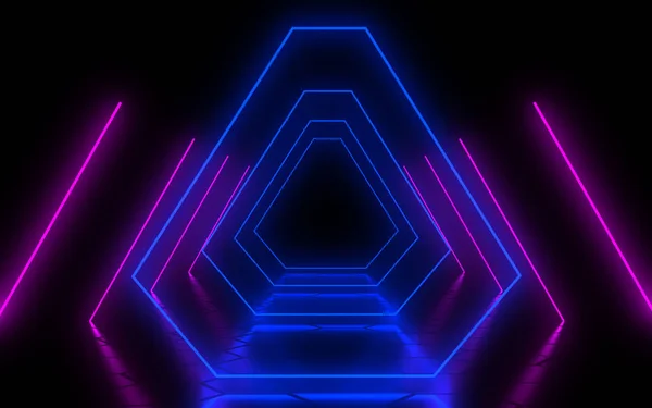 Absztrakt építészeti alagút neonfénnyel. 3D illustrationa — Stock Fotó