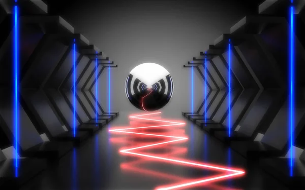 abstract architecture tunnel with neon light. 3d illustration