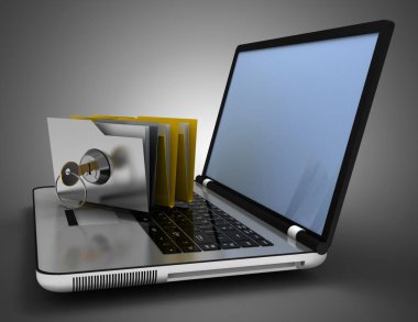 Bilgisayarda 3D ofis dosyası ve anahtar var. 3d illüstrasyon