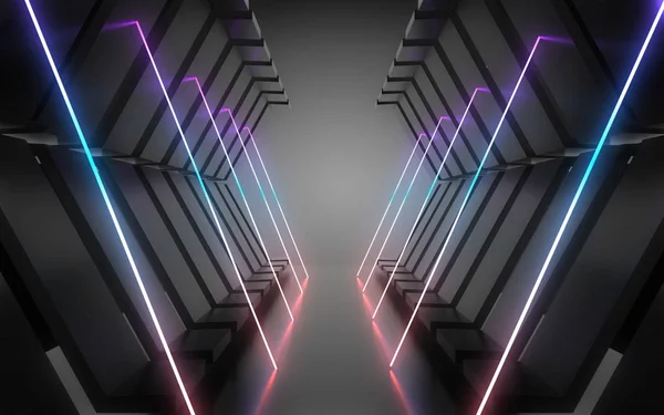 Tunnel di architettura astratta con luce al neon. Illustrazione 3d — Foto Stock