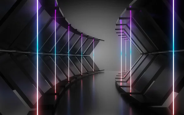 Abstrakcyjnej architektury tunelu z neonowym światłem. ilustracja 3D — Zdjęcie stockowe