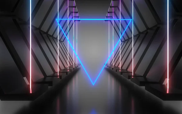 Abstract architectuur tunnel met neon licht. 3D-illustratie — Stockfoto