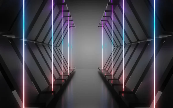 Túnel de arquitectura abstracta con luz de neón. ilustración 3d —  Fotos de Stock