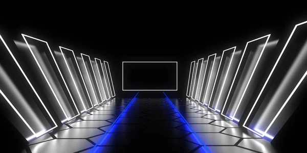 Tunnel di architettura astratta con luce al neon. Illustrazione 3d — Foto Stock