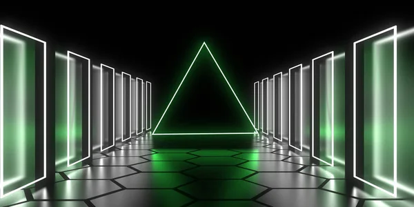 Túnel de arquitetura abstrata com luz de néon. ilustração 3d — Fotografia de Stock