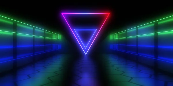 Abstrakcyjnej architektury tunelu z neonowym światłem. ilustracja 3D — Zdjęcie stockowe