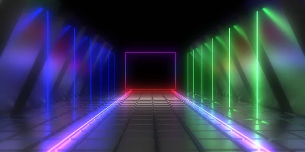 Abstract architectuur tunnel met neon licht. 3D-illustratie — Stockfoto