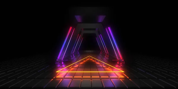 Abstrakcyjnej architektury tunelu z neonowym światłem. ilustracja 3D — Zdjęcie stockowe