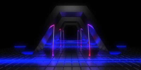 Abstract architectuur tunnel met neon licht. 3D-illustratie — Stockfoto