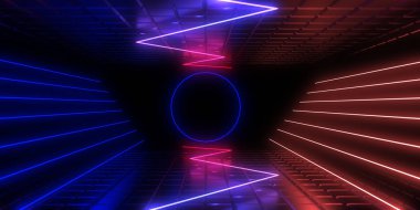 Neon ışıkları olan 3 boyutlu soyut bir arkaplan. neon tüneli 3D illüstrasyon