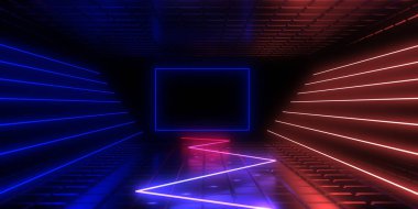 Neon ışıkları olan 3 boyutlu soyut bir arkaplan. neon tüneli 3D illüstrasyon