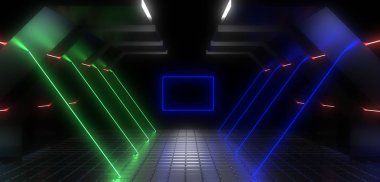 Neon ışıkları olan 3 boyutlu soyut bir arkaplan. neon tüneli 3D illüstrasyon