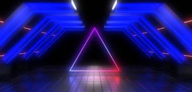 Neon ışıkları olan 3 boyutlu soyut bir arkaplan. neon tüneli 3D illüstrasyon