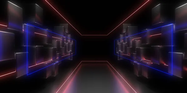 ネオンライトで3D抽象的な背景。ネオントンネル。 3Dイラストラ — ストック写真