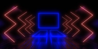 Neon ışıkları olan 3 boyutlu soyut bir arkaplan. neon tüneli 3D illüstrasyon