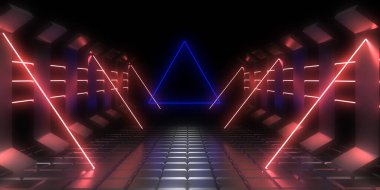 Neon ışıkları olan 3 boyutlu soyut bir arkaplan. neon tüneli 3D illüstrasyon