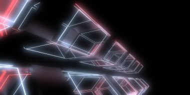 Üç boyutlu soyut arkaplan ve neon ışıkları. Neon tüneli. Uzay inşaatı. 3d illüstrasyon
