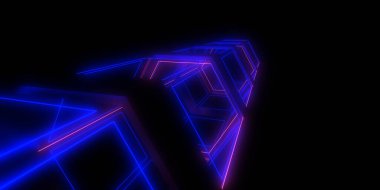 Üç boyutlu soyut arkaplan ve neon ışıkları. Neon tüneli. Uzay inşaatı. 3d illüstrasyon