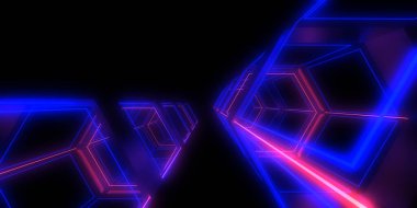 Üç boyutlu soyut arkaplan ve neon ışıkları. Neon tüneli. Uzay inşaatı. 3d illüstrasyon