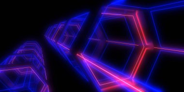Üç boyutlu soyut arkaplan ve neon ışıkları. Neon tüneli. Uzay inşaatı. 3d illüstrasyon