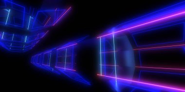 Üç boyutlu soyut arkaplan ve neon ışıkları. Neon tüneli. Uzay inşaatı. 3d illüstrasyon