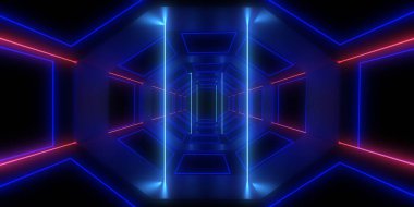 Üç boyutlu soyut arkaplan ve neon ışıkları. Neon tüneli. Uzay inşaatı. 3d illüstrasyon