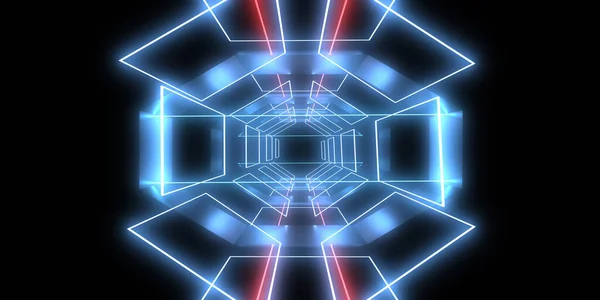 Sfondo Astratto Con Luci Neon Costruzione Tunnel Neon Space Illustrazione — Foto Stock