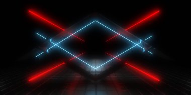 Üç boyutlu soyut arkaplan ve neon ışıkları. Neon tüneli. Uzay inşaatı. 3d illüstrasyon
