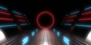 Üç boyutlu soyut arkaplan ve neon ışıkları. Neon tüneli. Uzay inşaatı. 3d illüstrasyon