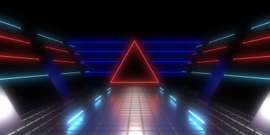 Üç boyutlu soyut arkaplan ve neon ışıkları. Neon tüneli. Uzay inşaatı. 3d illüstrasyon