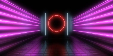 Üç boyutlu soyut arkaplan ve neon ışıkları. Neon tüneli. Uzay inşaatı. 3d illüstrasyon
