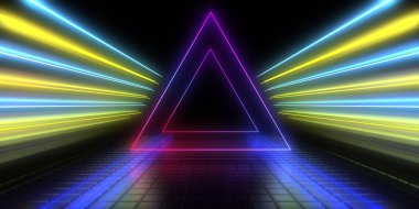 Üç boyutlu soyut arkaplan ve neon ışıkları. Neon tüneli. Uzay inşaatı. 3d illüstrasyon