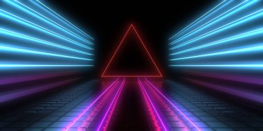 Üç boyutlu soyut arkaplan ve neon ışıkları. Neon tüneli. Uzay inşaatı. 3d illüstrasyon