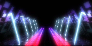Üç boyutlu soyut arkaplan ve neon ışıkları. Neon tüneli. Uzay inşaatı. 3d illüstrasyon