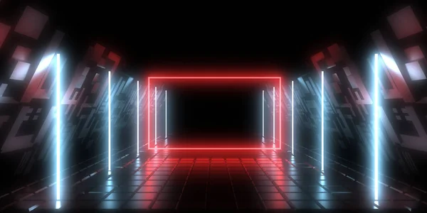 Fundo Abstrato Com Luzes Néon Neon Túnel Space Construção Ilustração — Fotografia de Stock