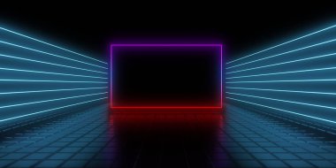 Üç boyutlu soyut arkaplan ve neon ışıkları. Neon tüneli. Uzay inşaatı. 3d illüstrasyon
