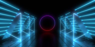Üç boyutlu soyut arkaplan ve neon ışıkları. Neon tüneli. Uzay inşaatı. 3d illüstrasyon